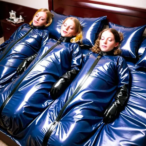 Prompt: A girls inside latex sleepsacks closed with rubber belts on the bed