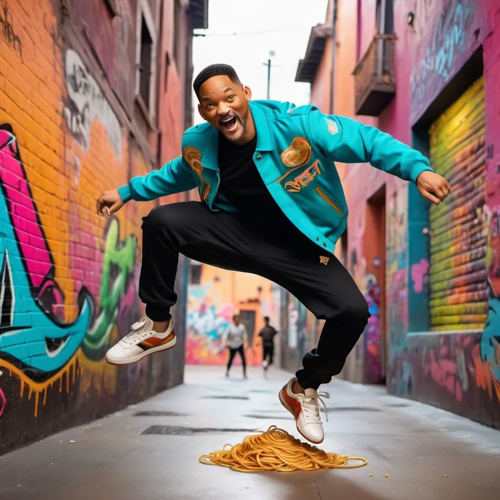 Prompt: Will Smith eating spaghetti while breakdancing 