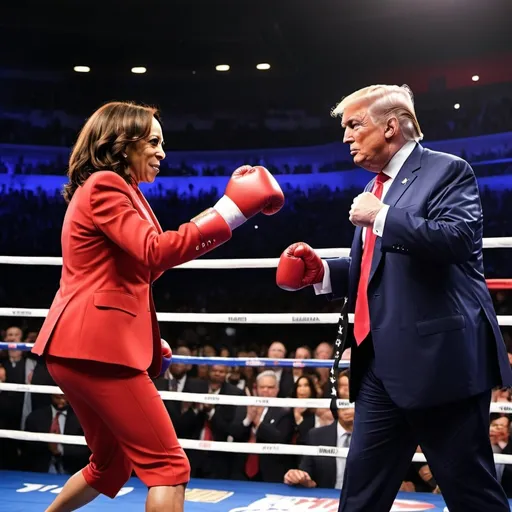 Prompt: Kamala Harris knocking Donald Trump out in a boxing match. Harris should wear a blue suit. Trump should wear a red suit.