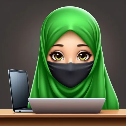 Prompt: I want a girl emoji with laptop 👩‍💻 like that the girl will be in hijab Nd face covered with niqab in green color theme
