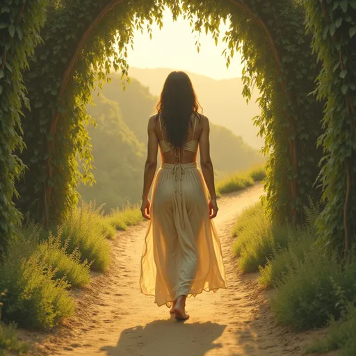 Prompt:  @aiI9MEQmXLmMQnTXFtku walking down a path seeking enlightenment, wearing a modest dress with her back to the camera