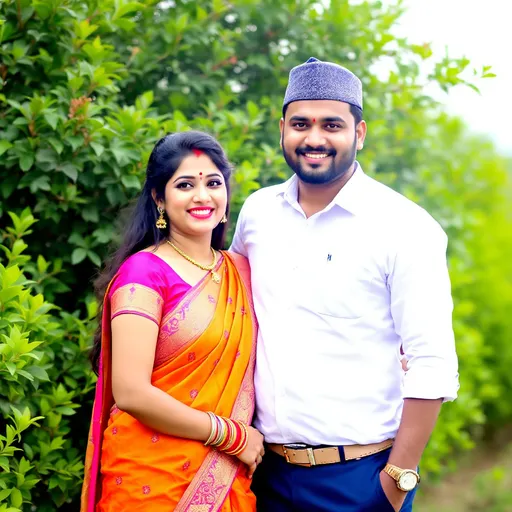 Prompt: A young couple stands together in a lush green landscape, with a soft, natural light illuminating their joyful expressions. The man, wearing a white shirt and a traditional white cap, is clad in navy trousers, exuding a sense of pride and tradition. Beside him, the woman radiates elegance in a vibrant orange and pink saree adorned with intricate designs, complemented by bright jewelry including a necklace and traditional nose ring. Their poses reflect a sense of unity and celebration, set against a backdrop of bushes that hint at a rural or semi-rural environment, evoking a joyful moment that resonates with cultural significance and youthful hope.
