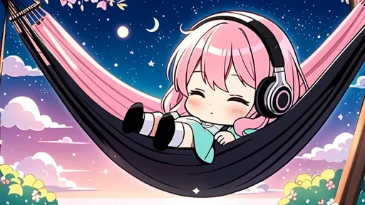 Prompt: Chibi anime girl sleeping in a hammock, pink hair, purple eyes, headphones, knee high black socks, pastel tones, detailed, 4k, high quality, anime style, chill vibe, dreamy lighting, misc-kawaii, dreamy, relaxed atmosphere