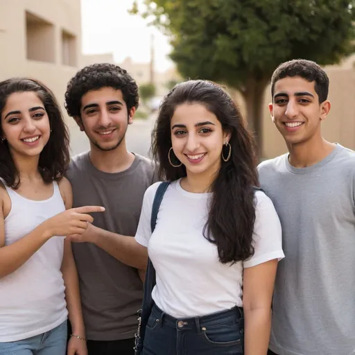 Prompt: a young middle eastern young woman hanging out with her friends in  her neighborhood
