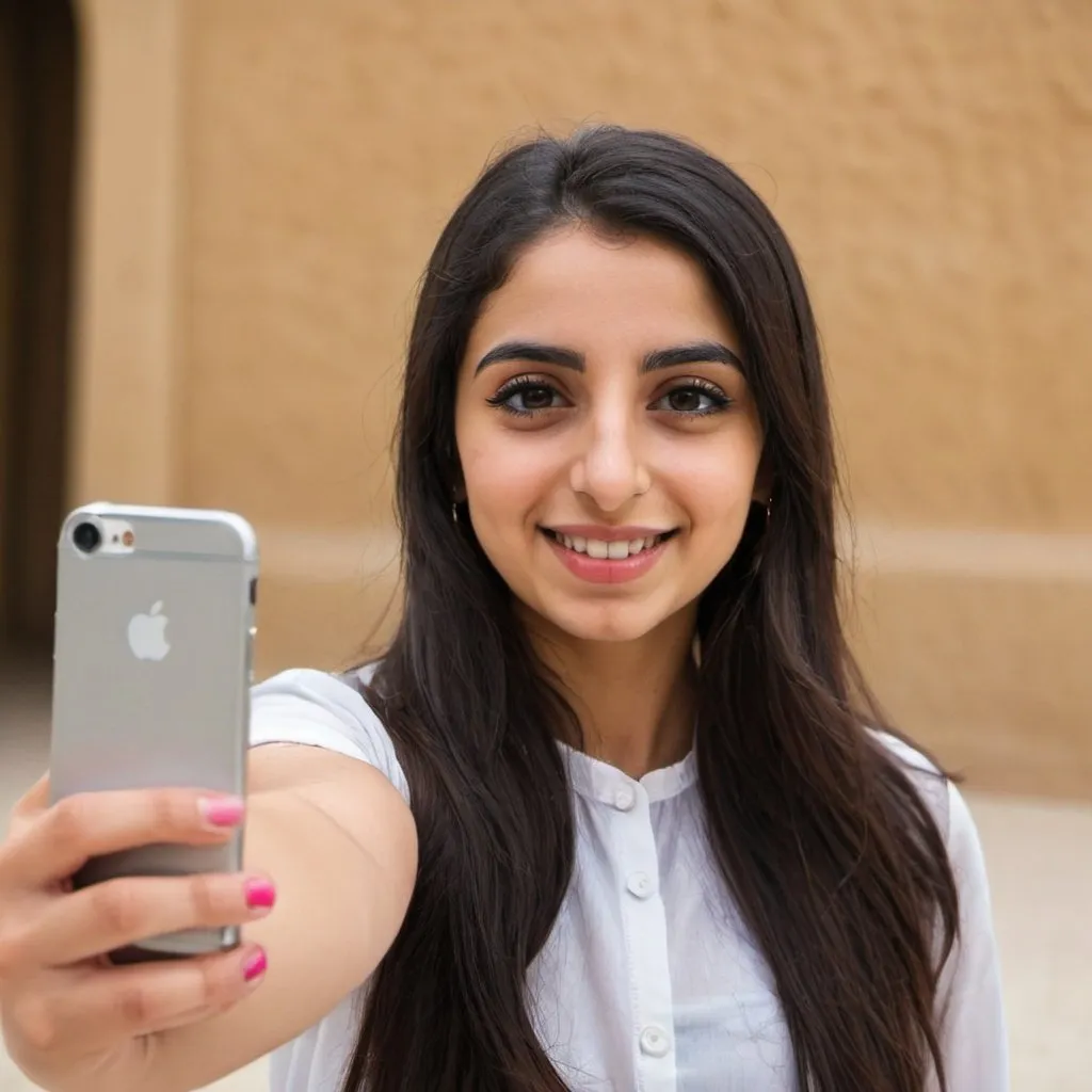 Prompt: A young middle eastern woman taking a selfie 
