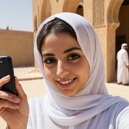 Prompt: A young middle eastern woman taking a selfie 
