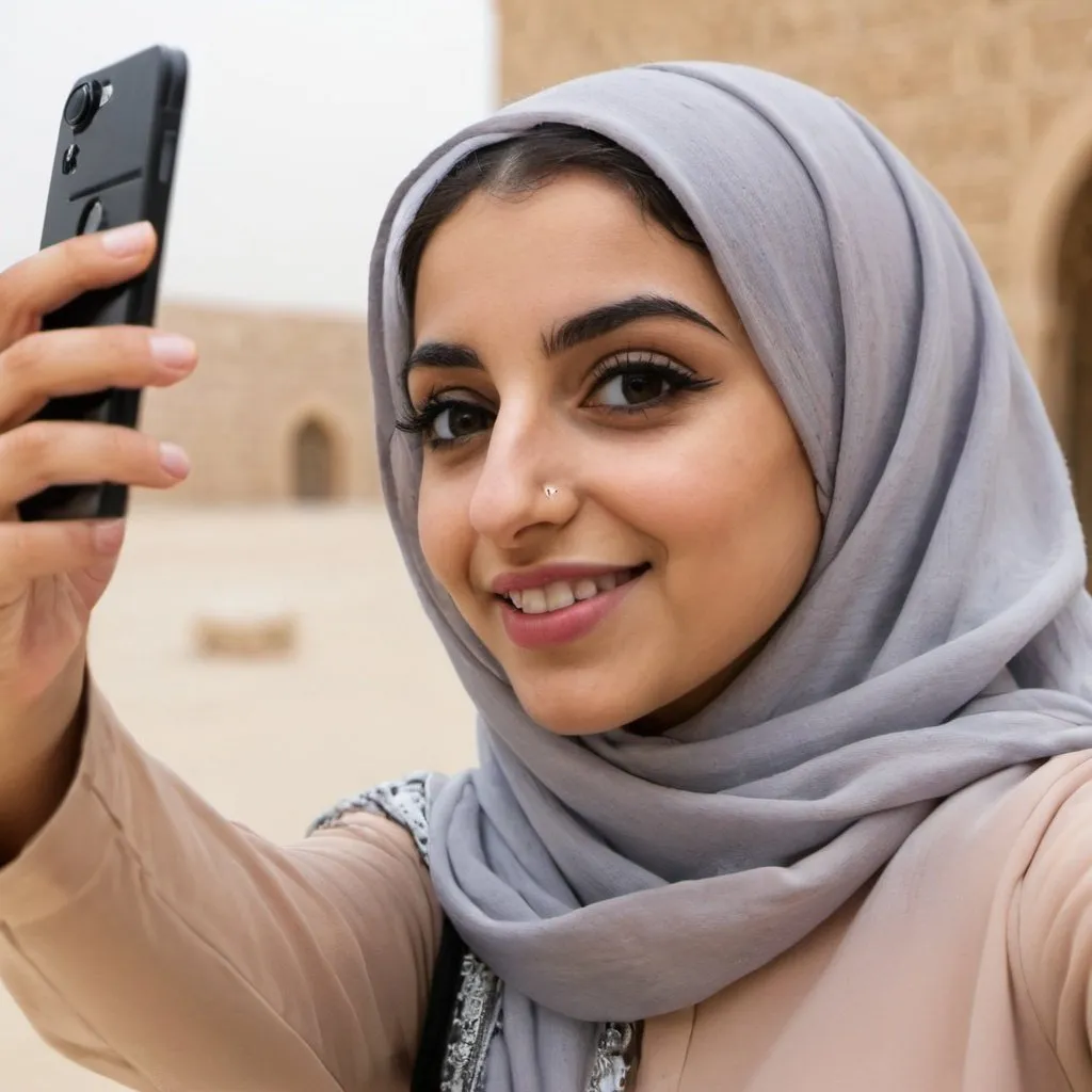 Prompt: A young middle eastern woman taking a selfie 
