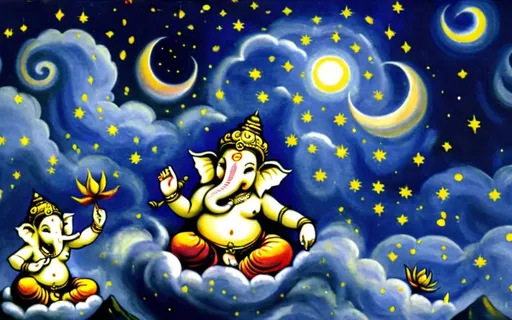 Prompt: Ganesha the elephant god is dancing on a cloud, surrounded by colorful devas