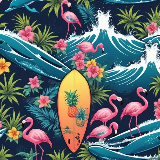 Prompt: Generate a pattern for a T-shirt that has flamingos, pineapples, surfers, and dolphins