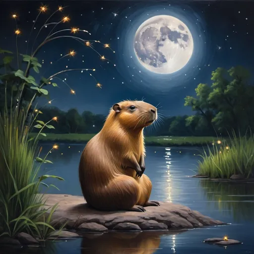 Prompt: Majestic oil painting of a serene capybara meditating by the river, surrounded by twinkling fireflies, full moon and faint stars in the distance, calming and tranquil atmosphere, high quality, oil painting, serene, detailed fur, mystical, moonlit night, fireflies, riverbank, meditation, natural beauty, atmospheric lighting