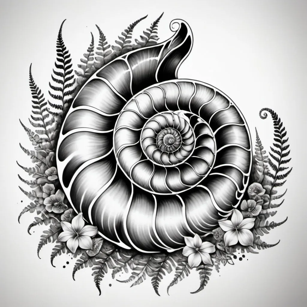 Prompt: Tattoo Realistic black and white accurately drawn sketch of a nautilus shell, with filigree ferns and flowers coming out from behind the shell, beneath the shell, ferns and flowers is single upside down triangle made of dotted patchworks