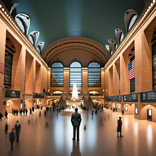 Prompt: A surreal blend of modern and futuristic Grand Central Station. The station's bustling modern hall, with sleek, glowing digital displays and advanced architectural elements, transitions mysteriously into a hidden third level. This level, illuminated by an ethereal, otherworldly light, reveals a portal to a nostalgic 1894 street scene, contrasting with the futuristic setting. In the foreground, a reflective and contemplative Charley, the protagonist, stands with an inquisitive expression, his face partially lit by the eerie glow of the third level. The scene captures the fusion of past, present, and future, creating an enigmatic and captivating visual."