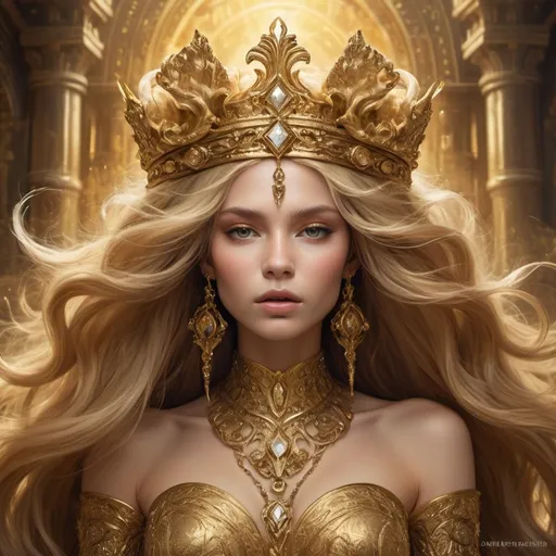 Prompt: On their heads they wore something like crowns of gold, and their faces resembled human faces. 8 Their hair was like women’s hair, and their teeth were like lions’ teeth.