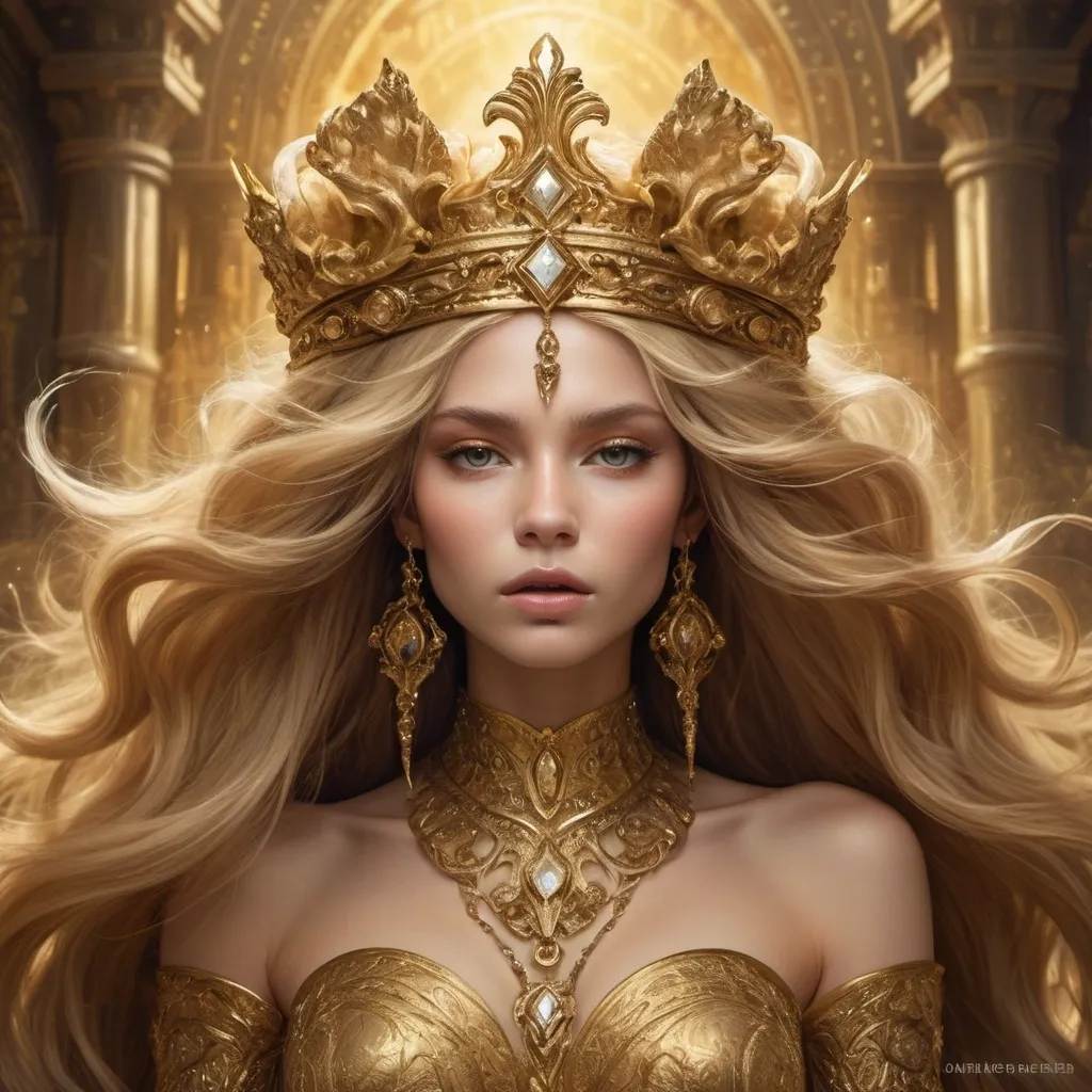 Prompt: On their heads they wore something like crowns of gold, and their faces resembled human faces. 8 Their hair was like women’s hair, and their teeth were like lions’ teeth.