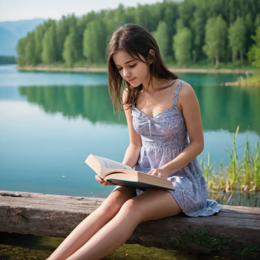 Prompt: cute girl sitting on near lake reading book and wereing short dress
