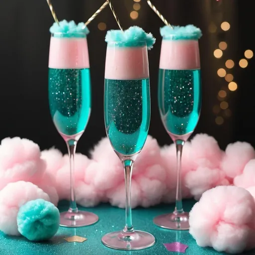 Prompt: three champagne glasses filled with teal shimmering glitter water and a fluff of pink cotton candy ontop of each glass