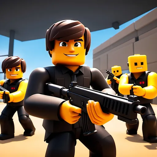 Prompt: A roblox shooting game thumbnail