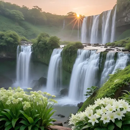 Prompt: 24 waterfalls landscape with sunrise in the background and pastel green and white flowers in the foreground