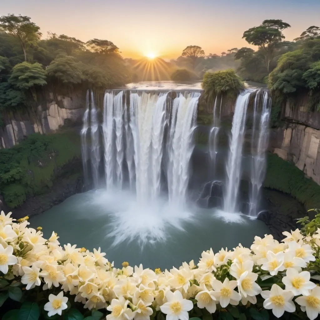 Prompt: A wide angle of magnificent 24 waterfalls spread from left to right facing the camera during sunrise in depth (background) with white, cream and light yellow flowers and trees in the foreground and an early morning sky