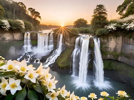 Prompt: A wide angle of magnificent 24 waterfalls spread from left to right facing the camera during sunrise in depth (background) with  water streams flowing towards the camera in between the white, cream and light yellow flowers and trees in the foreground and an early morning sky. 