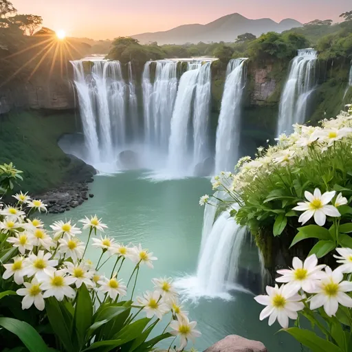 Prompt: 24 waterfalls with sparkling water, equally spread landscape with sunrise in the background, sunrise sky and pastel green and white flowers in the foreground