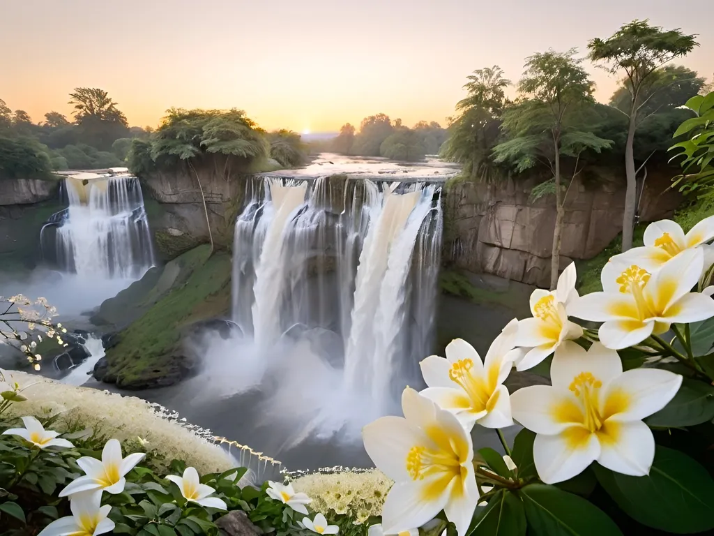 Prompt: A wide angle of magnificent 6 waterfalls spread from left to right facing the camera but far away from the camera. sunrise in depth (background). waterfall streams flowing towards the camera in between the bunches of white, cream and light yellow sleek flowers and trees in the foreground and an early morning sky. 