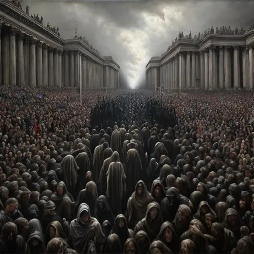 Prompt: Funeral for a giant, hyper-realistic oil painting, somber atmosphere, monumental scale, dramatic lighting, solemn procession, detailed expressions, emotional depth, large canvas, oil painting, hyper-realistic, monumental, dramatic lighting, somber atmosphere, detailed expressions, emotional depth, professional