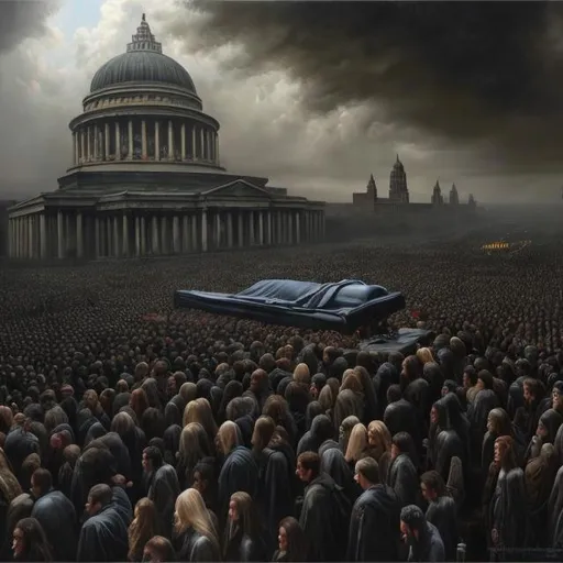 Prompt: Funeral for a giant, hyper-realistic oil painting, somber atmosphere, monumental scale, dramatic lighting, solemn procession, detailed expressions, emotional depth, large canvas, oil painting, hyper-realistic, monumental, dramatic lighting, somber atmosphere, detailed expressions, emotional depth, professional
