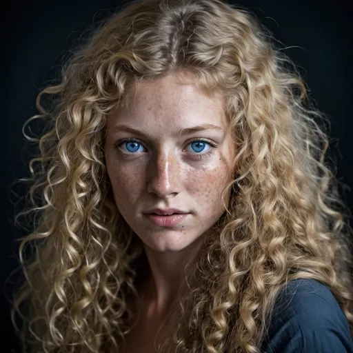 Prompt: long blond curly hair, blue eyes, dark background, beautiful freckled woman