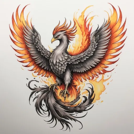 Prompt: a tattoo design of a Phoenix upper body and wings rising from the ashes. The ashes can be depicted in muted grays and blacks. Feathers can be a blend of orange, yellow, and gold with hints of red near the base, transitioning to brighter yellows and oranges at the tips.