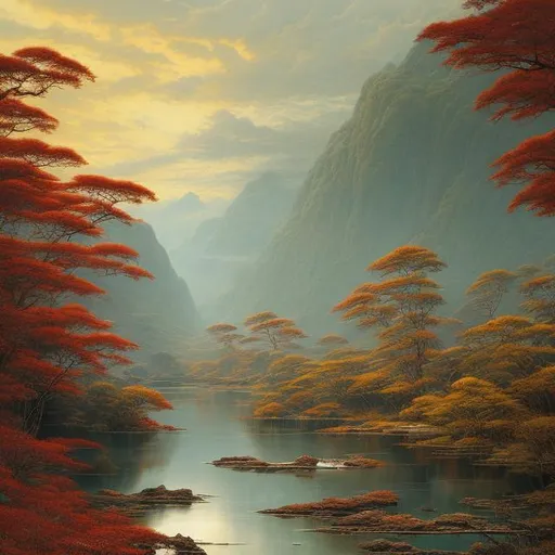 Prompt: Landscape painting, wide river with dark green water, swift water, golden and crimson acacia forest on the shore, dull colors, danger, fantasy art, by Hiro Isono, by Luigi Spano, by John Stephens