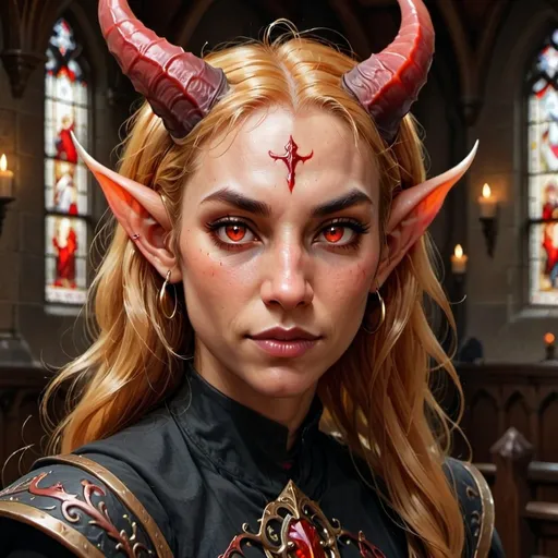 Prompt: Portrait of {an adult tiefling woman } with {long golden blonde} hair, reddish skin, red eyes, elf ears, and perfect face, with huge red horns,  in a dark church, perfect composition, hyperrealistic, super detailed, 8k, high quality, D&D, trending art, trending on artstation, sharp focus, studio photo, intricate details, highly detailed, by greg rutkowski