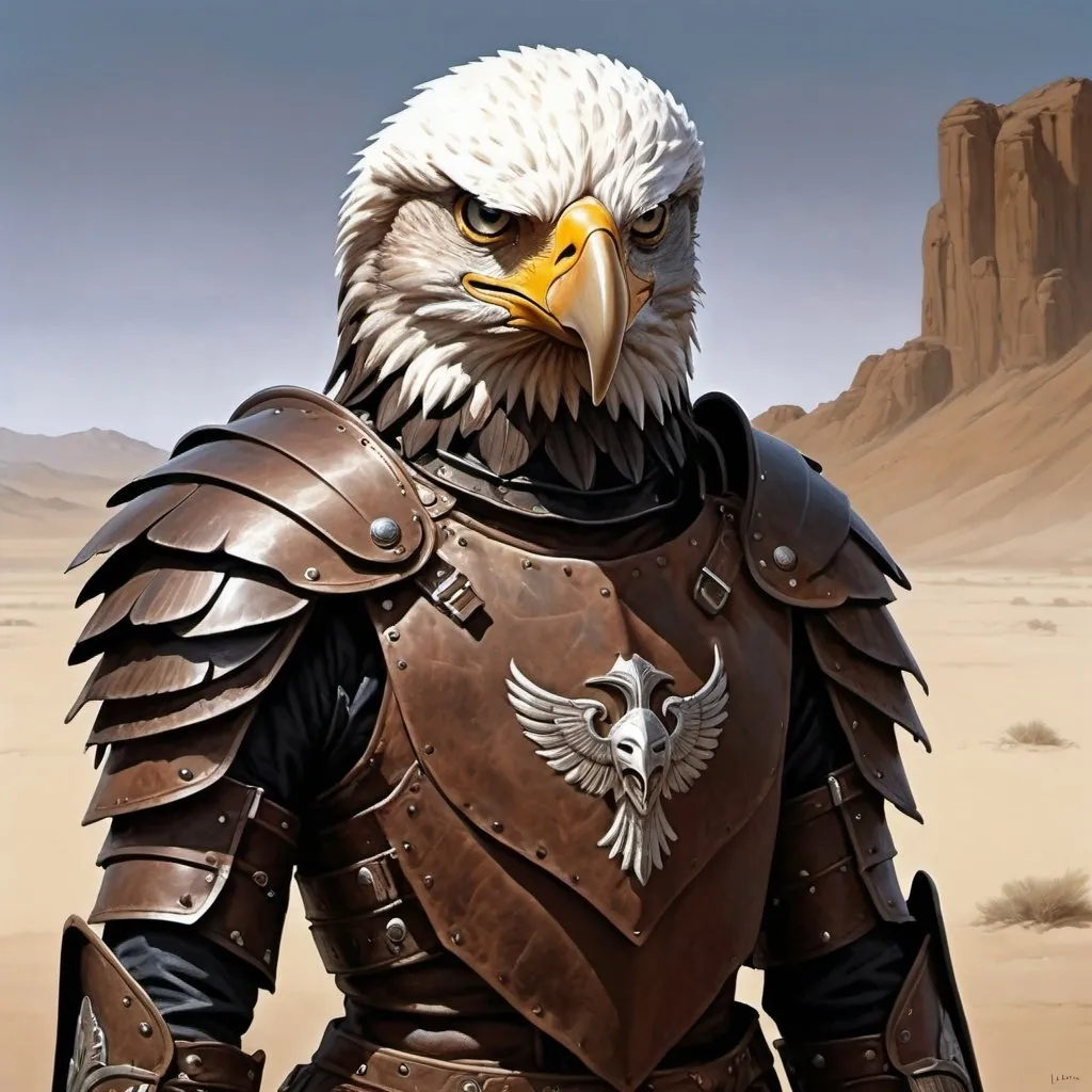 Prompt: Close portrait painting, a tall eagle-like humanoid warrior with well-worn  leather armor, in the desert, dull colors, danger, fantasy art, by Hiro Isono, by Luigi Spano, by John Stephens