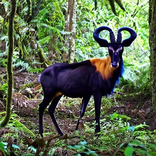 Prompt: photo of a Sable antelope with dark-blue fur and four antlers, in the jungle, vibrant colors, lush forest, highly detailed, national geography,