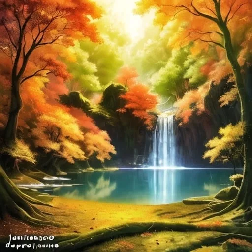 Prompt: Landscape painting, lush linden forest, small river, in autumn, sunlight, dull colors, danger, fantasy art, by Hiro Isono, by Luigi Spano, by John Stephens