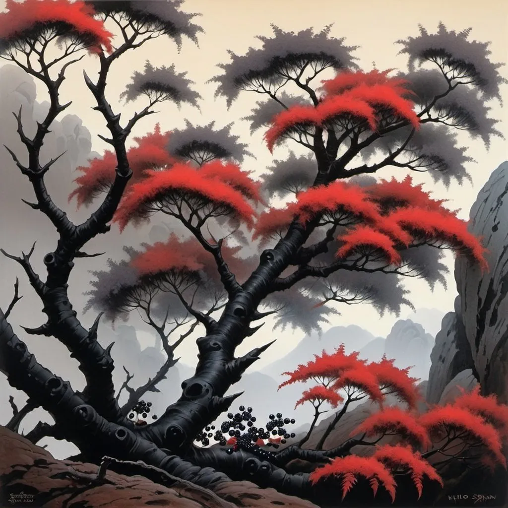 Prompt: Fantasy painting,  acacia tree with {red leaves} and {black bark}, and {black berries}, dull colors, danger, fantasy art, by Hiro Isono, by Luigi Spano, by John Stephens