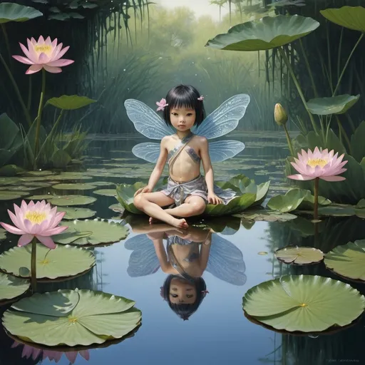 Prompt: Fantasy painting, a tiny humanoid dressed in waterlily petals and was dragonfly wings, on a small pond with waterlilies, dull colors, danger, fantasy art, by Hiro Isono, by Luigi Spano, by John Stephens