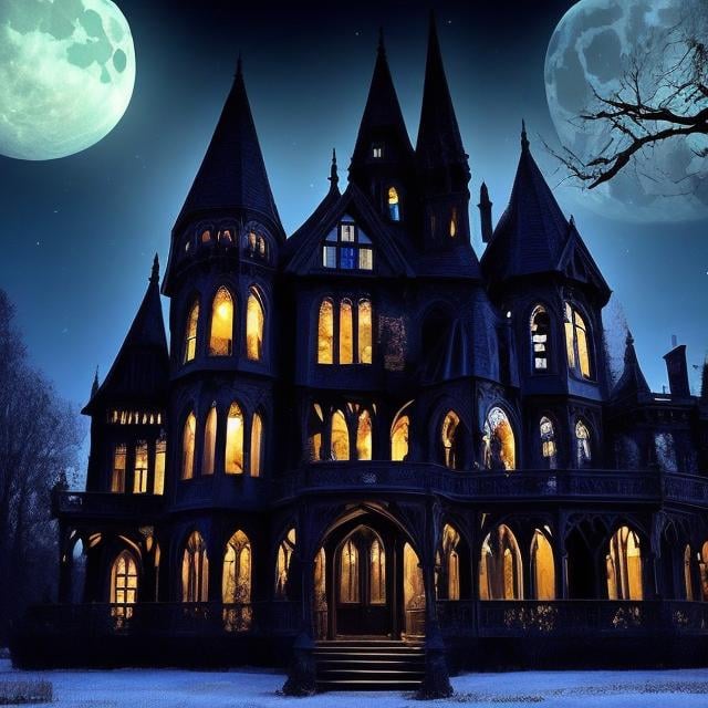 Prompt: A Gothic Victorian manor in the blue full moonlight and black trees. Scary, Halloween, Dark.