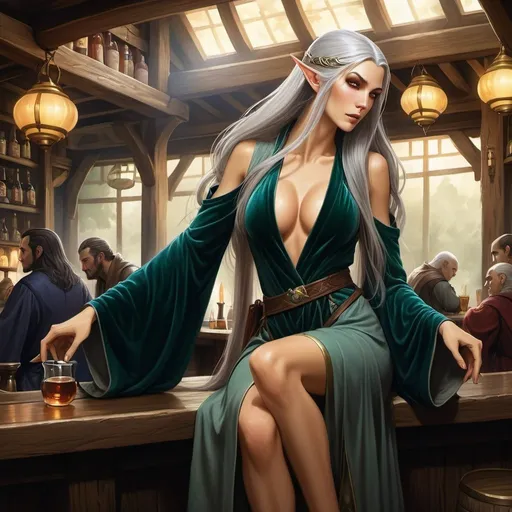 Prompt: Fantasy painting, a tall, beautiful elf woman with long gray hair, dressed in velvet robe, in a tavern, dull colors, danger, fantasy art, by Hiro Isono, by Luigi Spano, by John Stephens