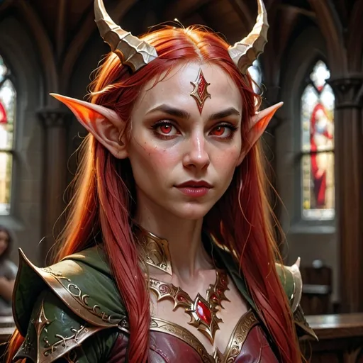 Prompt: Portrait of {a beautiful adult elf woman} with {red} skin and {long golden} hair, red eyes, and perfect face, with huge red horns,  in a dark church, perfect composition, hyperrealistic, super detailed, 8k, high quality, D&D, trending art, trending on artstation, sharp focus, studio photo, intricate details, highly detailed, by greg rutkowski