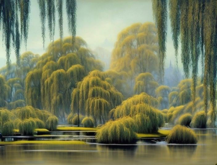 Prompt: Landscape painting, huge willow trees by the river, dull colors, danger, fantasy art, by Hiro Isono, by Luigi Spano, by John Stephens