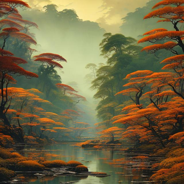 Prompt: Landscape painting, wide river with bright and unnaturally green water, swift water, golden and crimson acacia forest on the shore, dull colors, danger, fantasy art, by Hiro Isono, by Luigi Spano, by John Stephens