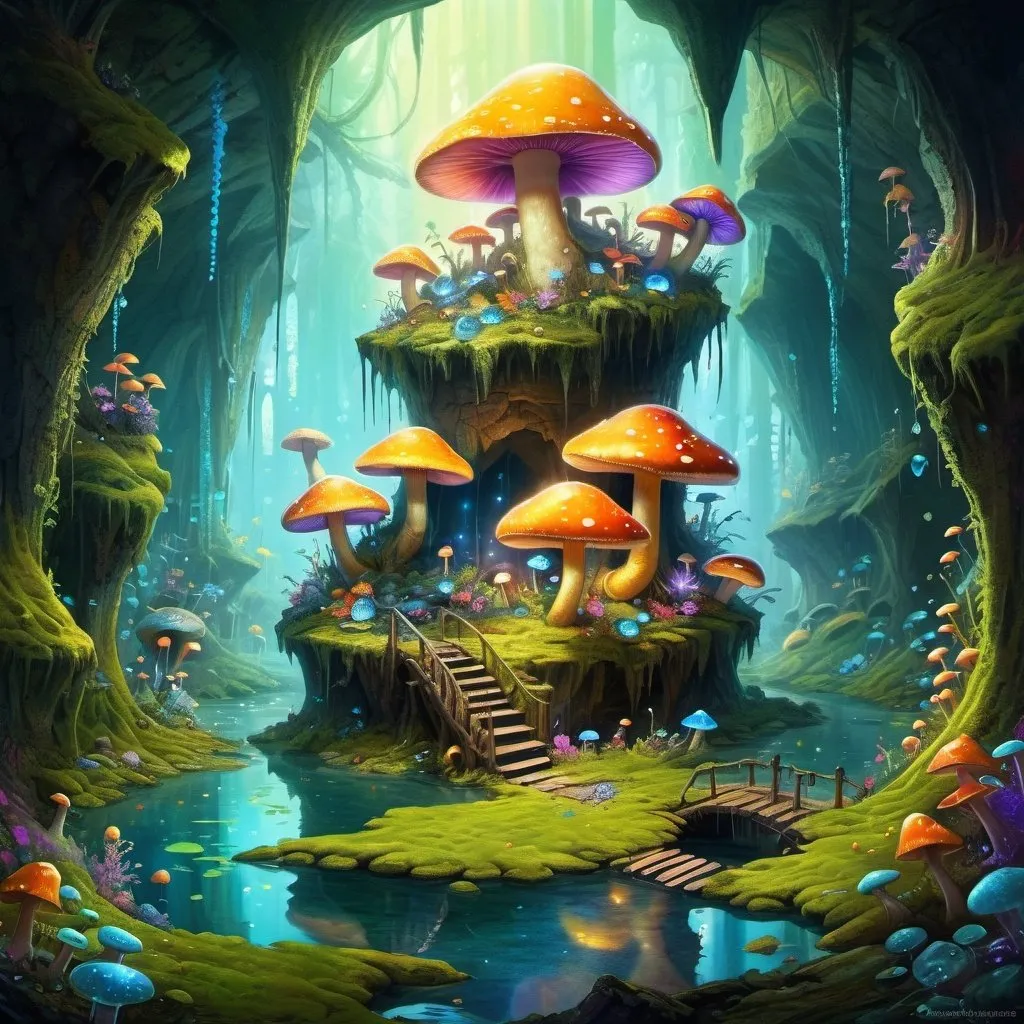 Prompt: Fantasy painting, a dark cave with a pond, illuminated by fluorescent crystals and mushrooms and moss, colorful snails and centipedes living here, dull colors, danger, fantasy art, by Hiro Isono, by Luigi Spano, by John Stephens