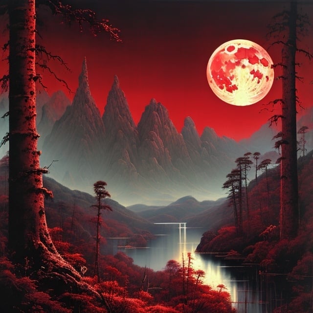 Prompt: Landscape painting, huge, crimson-colored full moon over the forest and mountains, dull colors, danger, fantasy art, by Hiro Isono, by Luigi Spano, by John Stephens