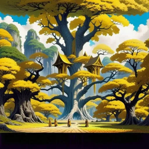 Prompt: Landscape painting, an elven city sits on the branches of a giant oak tree with golden leaves, dull colors, Lord of the Rings, fantasy art, by Hiro Isono, by Luigi Spano, by John Stephens