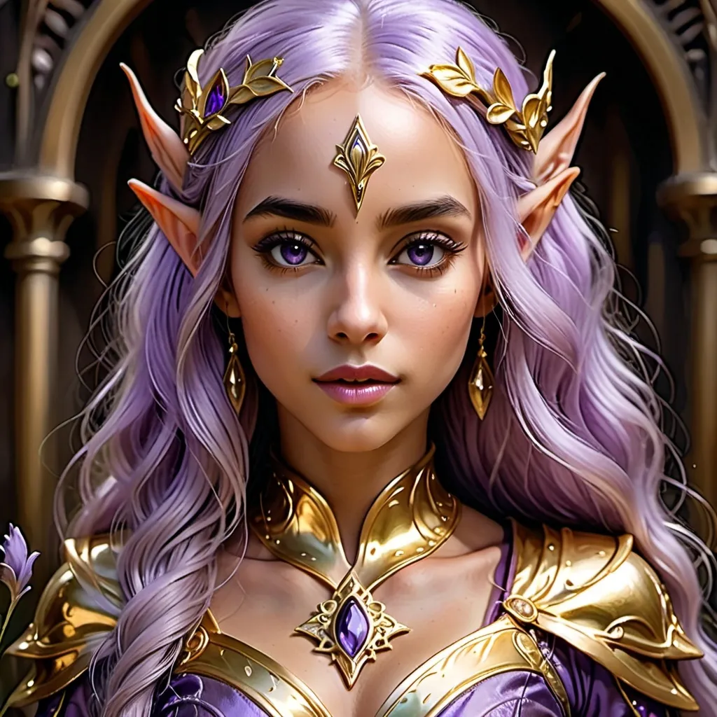 Prompt: Close portrait of an young female elf with {long lavender-purple} hair and {gold iris} and a beautiful face, golden dress, perfect composition, hyperrealistic, super detailed, 8k, high quality, trending art, trending on artstation, sharp focus, studio photo, intricate details, highly detailed, by greg rutkowski