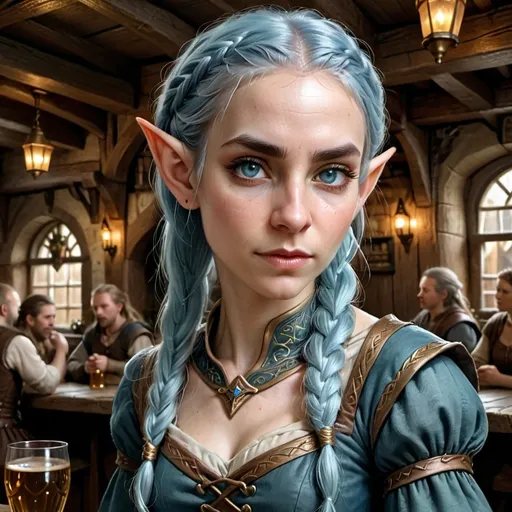 Prompt: Close portrait of an female elf  with {long baby-blue} braided hair and {golden eye} and a beautiful face, medieval dress, in a tavern, perfect composition, hyperrealistic, super detailed, 8k, high quality, trending art, trending on artstation, sharp focus, studio photo, intricate details, highly detailed, by greg rutkowski