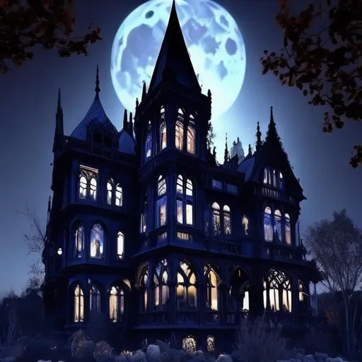 Prompt: A Gothic Victorian manor in the blue full moonlight and black trees. Scary, Halloween, Dark.