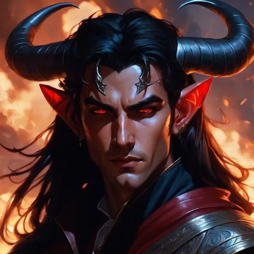 Prompt: Portrait of {young tiefling paladin} with {long black} hair, red eyes and with handsome face, perfect composition, hyperrealistic, super detailed, 8k, high quality, D&D, trending art, trending on artstation, sharp focus, studio photo, intricate details, highly detailed, by greg rutkowski