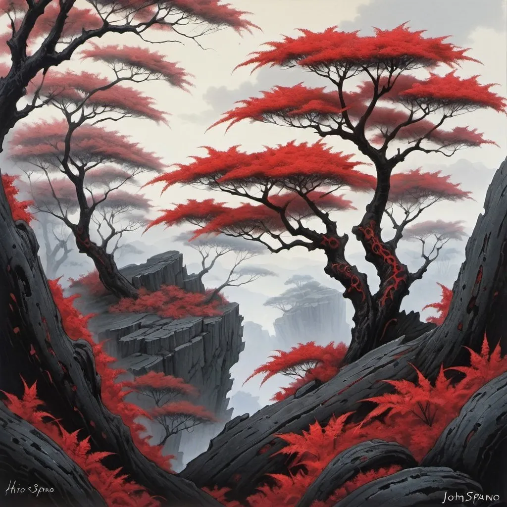 Prompt: Fantasy painting,  acacia tree with {red leaves} and {black bark}, dull colors, danger, fantasy art, by Hiro Isono, by Luigi Spano, by John Stephens